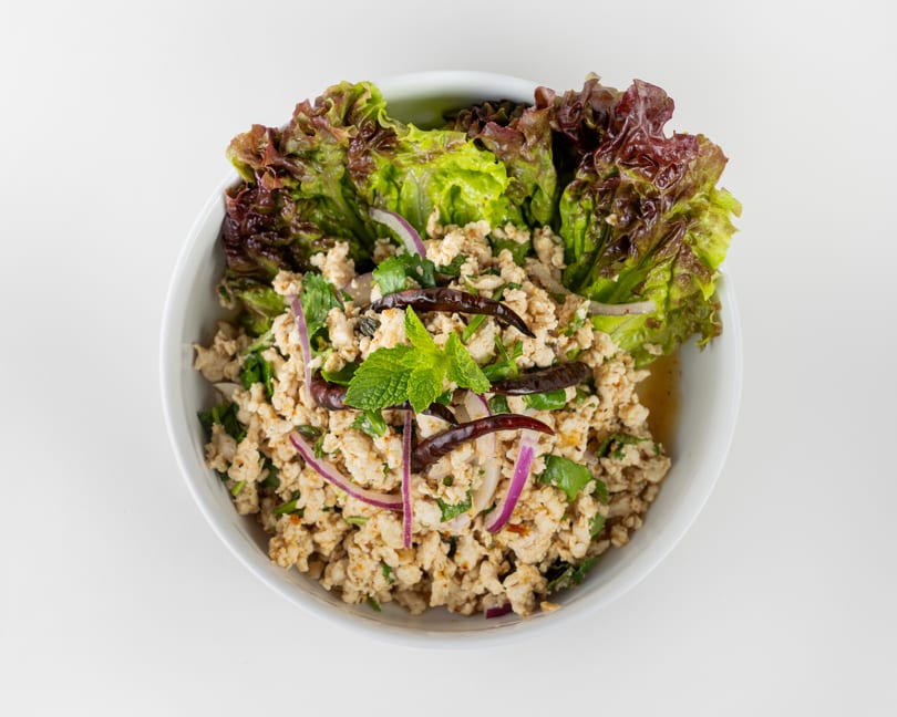 Larb Gai, a Thai chicken salad, in a white bowl with lettuce, red onion, mint, and dried chilies.